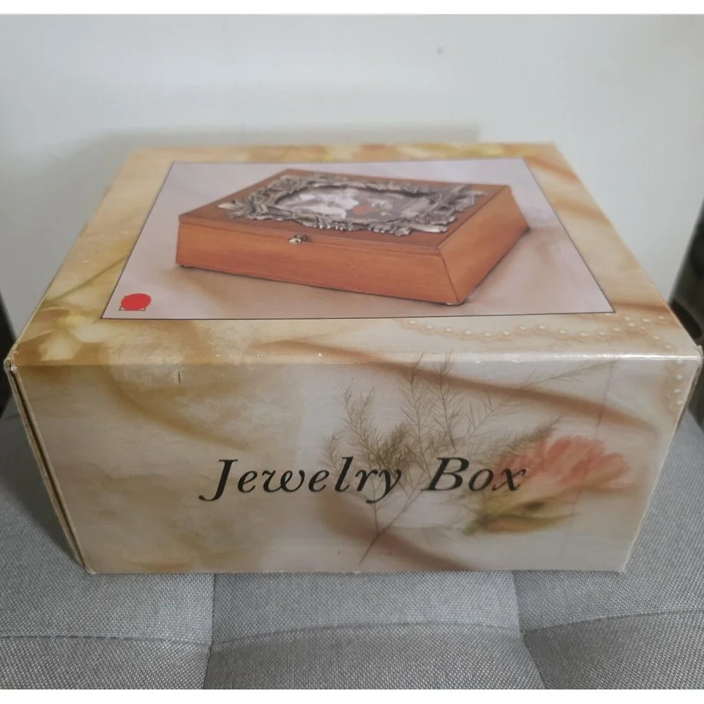 New Vintage Jewelry Box Velvet Lined Tray Ornate Pewter Photo Frame & Mirror NiB
